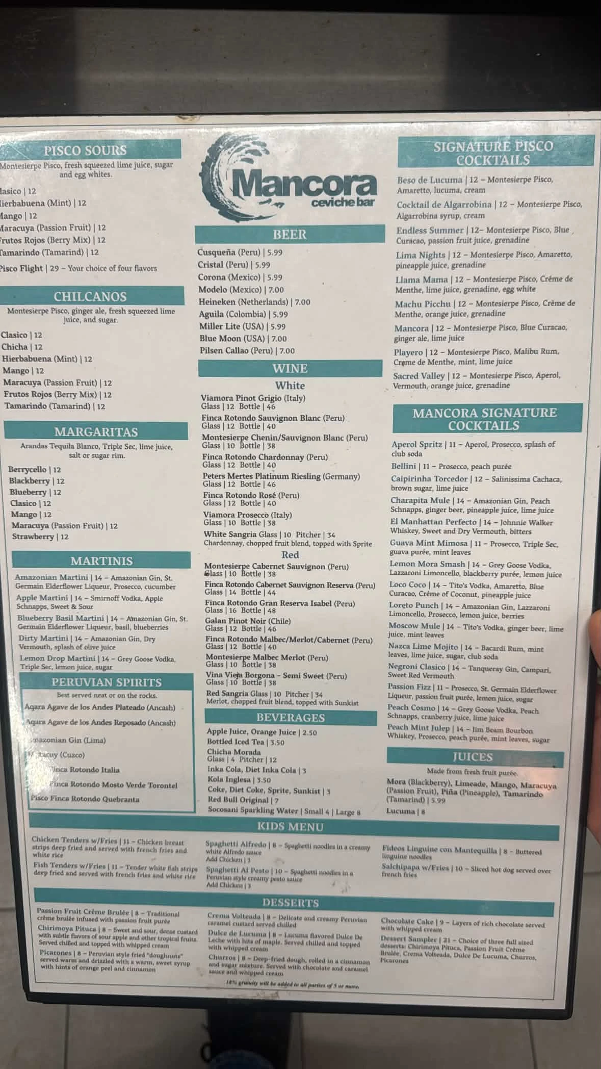 Original Máncora drinks, kids and dessert menu